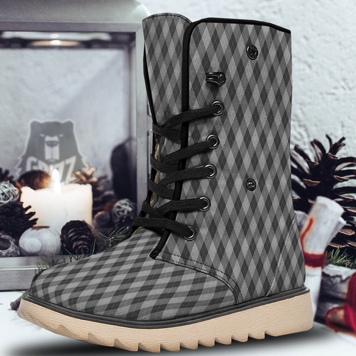 Argyle Shadow Grey Print Pattern Snow Boots-grizzshop