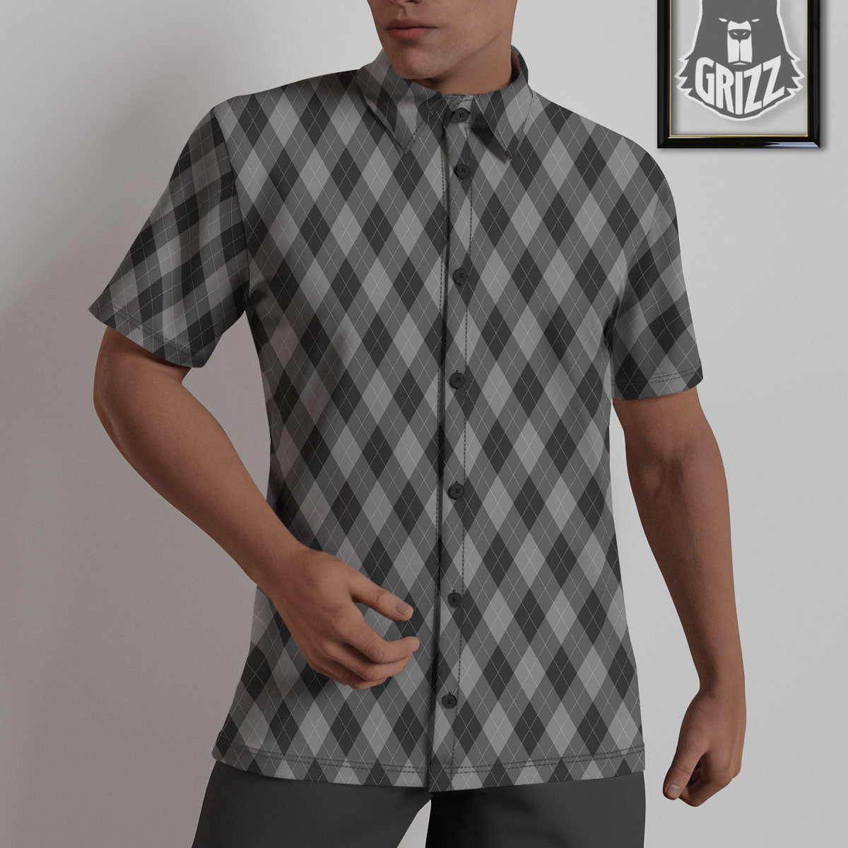 Argyle Shadow Grey Print Pattern Untucked Shirts-grizzshop