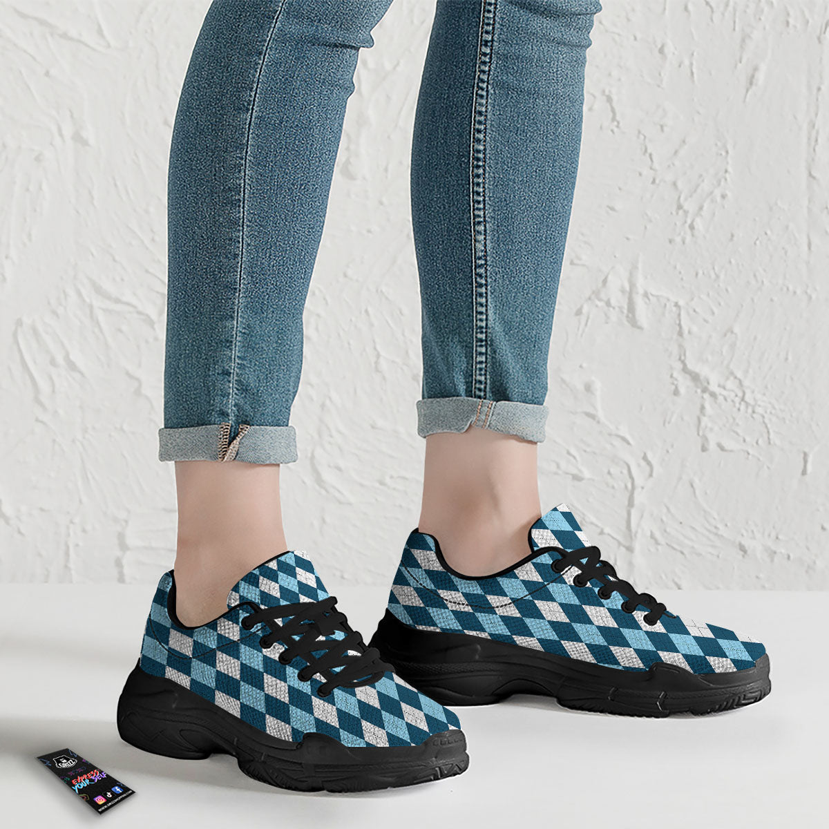 Argyle Soft Blue Print Pattern Black Chunky Shoes-grizzshop