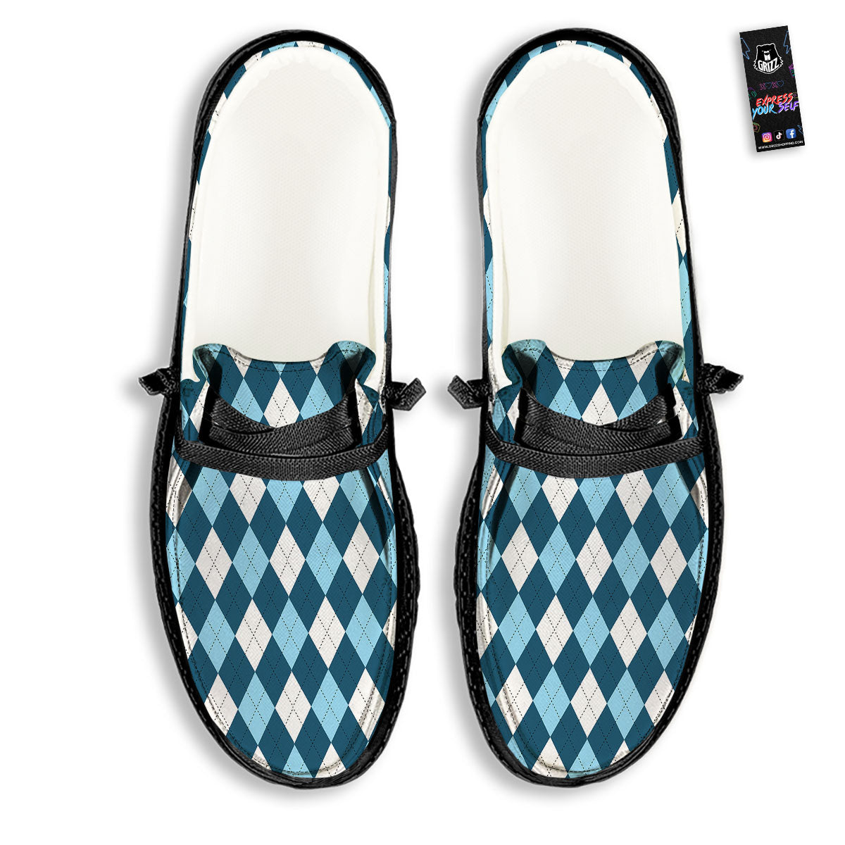 Argyle Soft Blue Print Pattern Black Loafers-grizzshop
