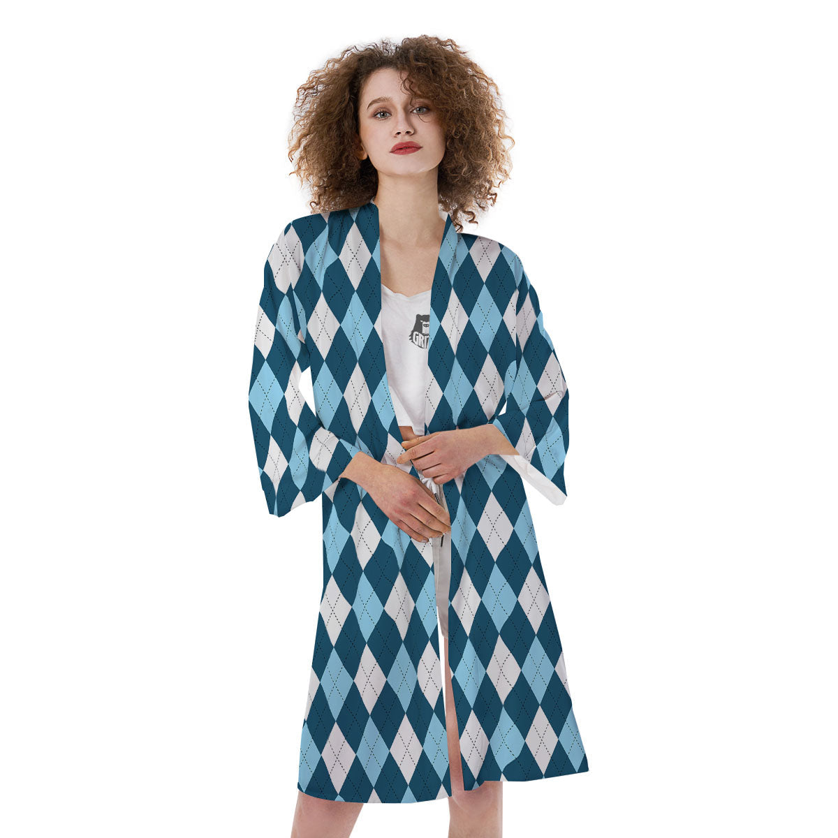 Argyle Soft Blue Print Pattern Kimono-grizzshop