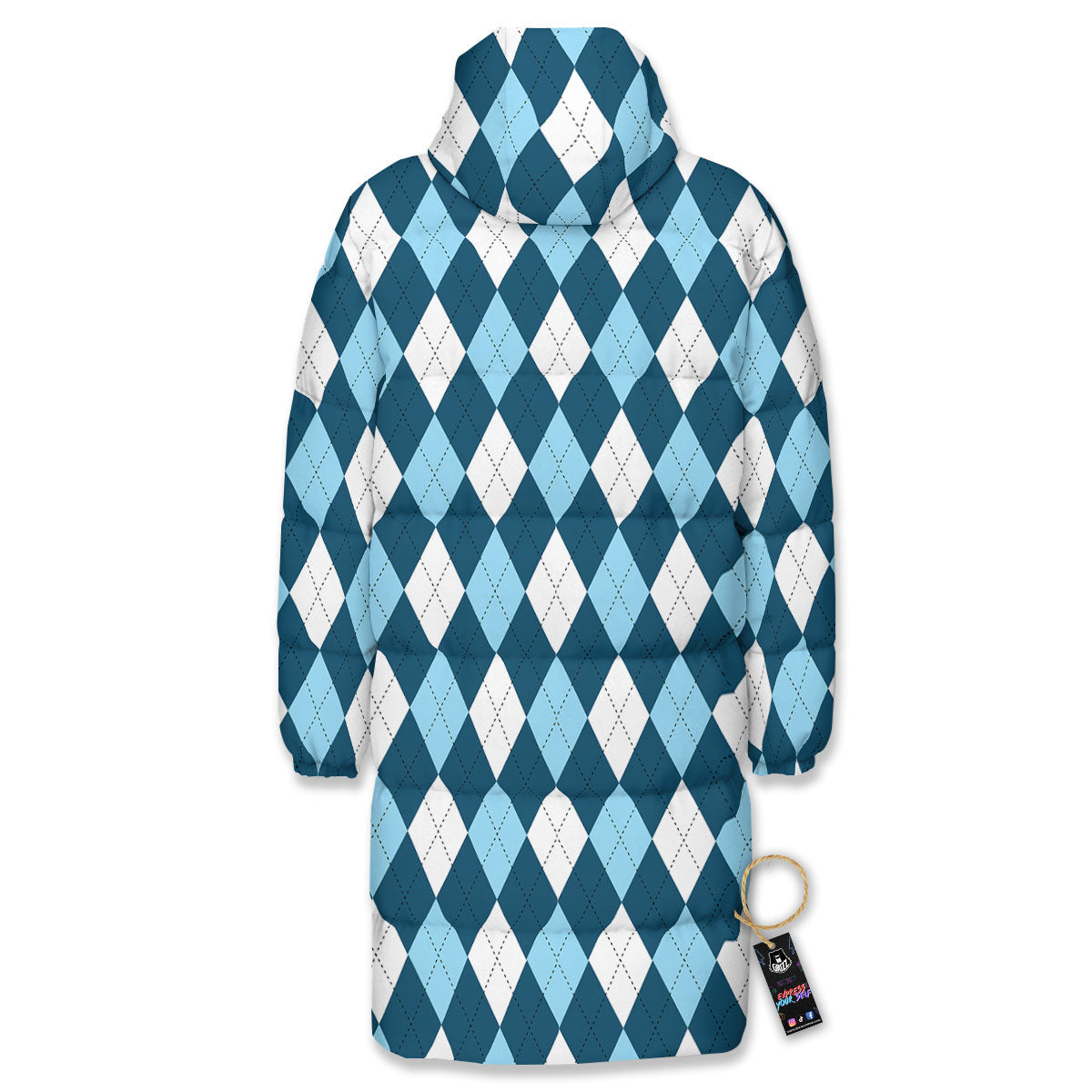 Argyle Soft Blue Print Pattern Long Down Jacket-grizzshop