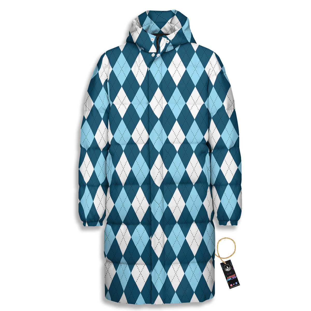 Argyle Soft Blue Print Pattern Long Down Jacket-grizzshop