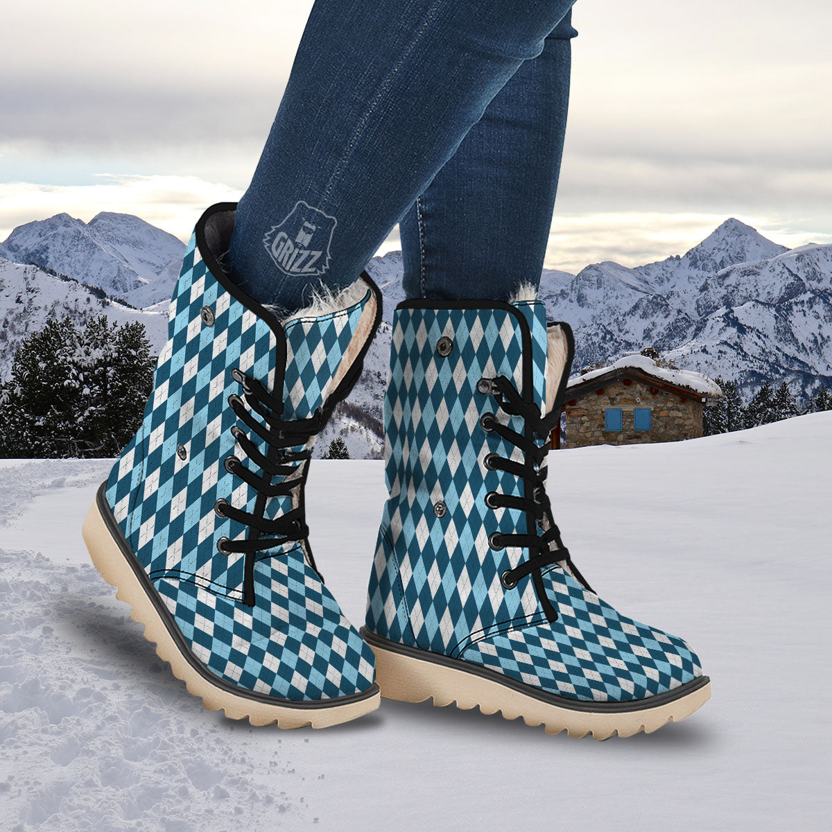 Argyle Soft Blue Print Pattern Snow Boots-grizzshop