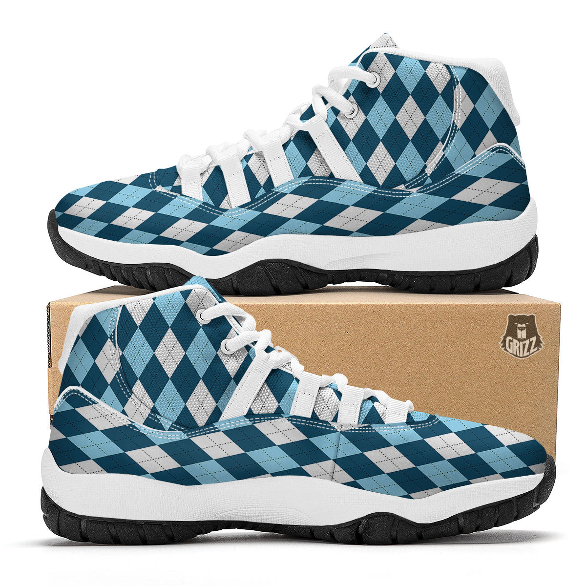 Argyle Soft Blue Print Pattern White Bball Shoes-grizzshop