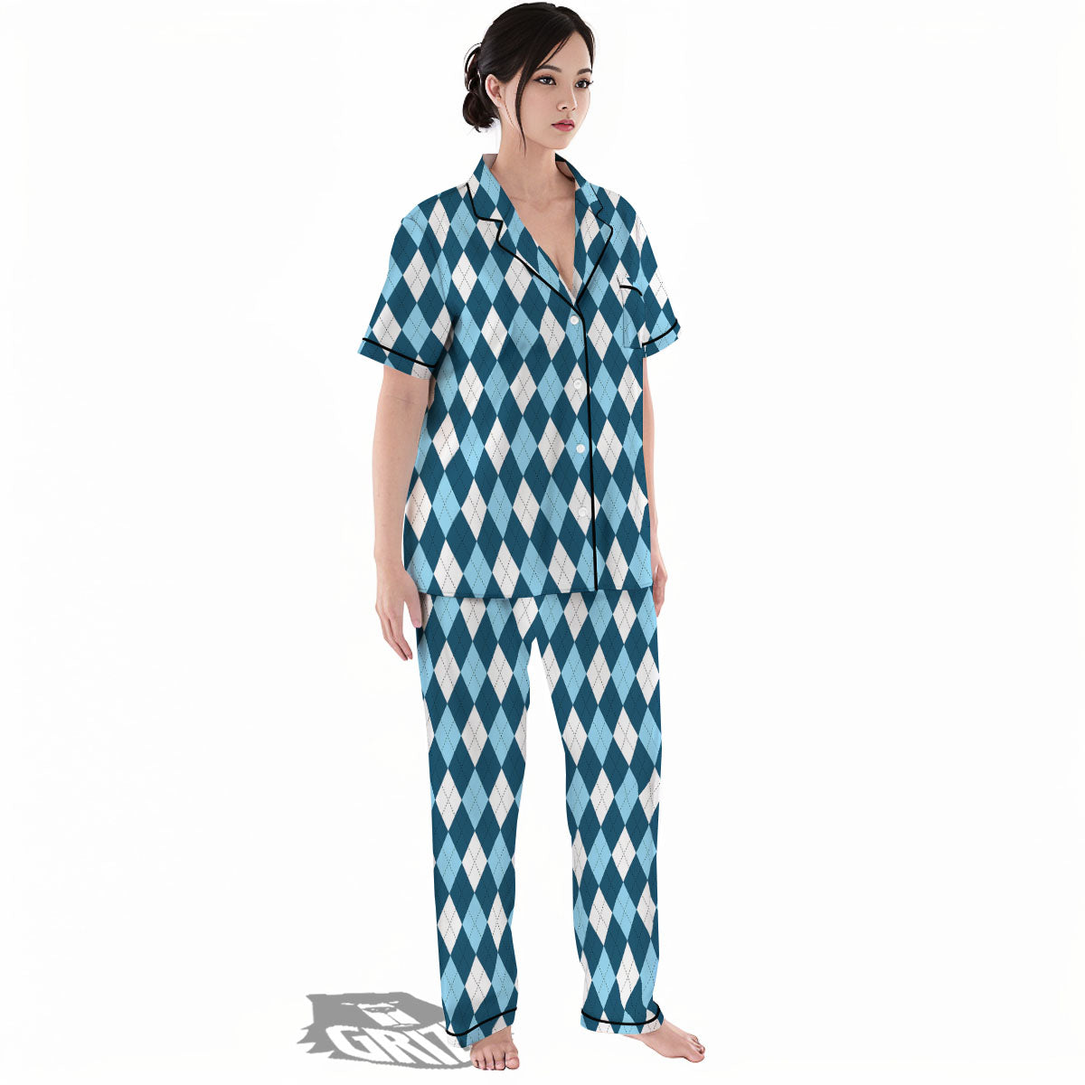 Argyle Soft Blue Print Pattern Women's Pajamas Set-grizzshop