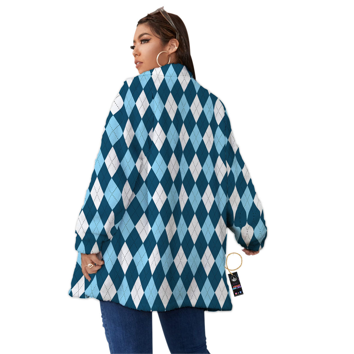 Argyle Soft Blue Print Pattern Women's Sherpa Jacket-grizzshop