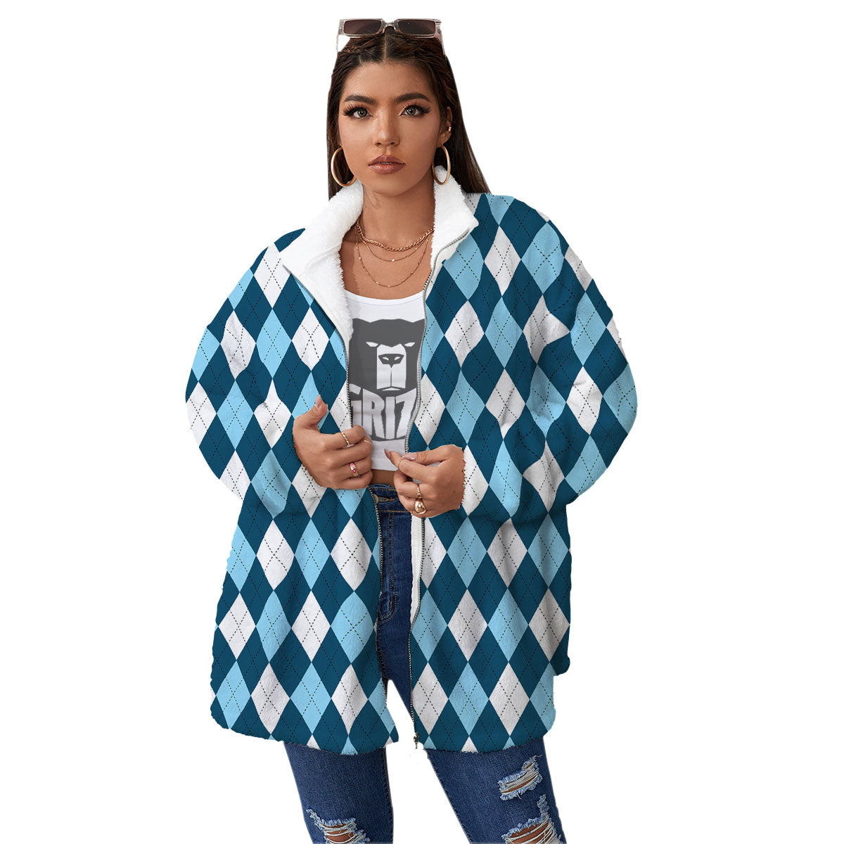 Argyle Soft Blue Print Pattern Women's Sherpa Jacket-grizzshop