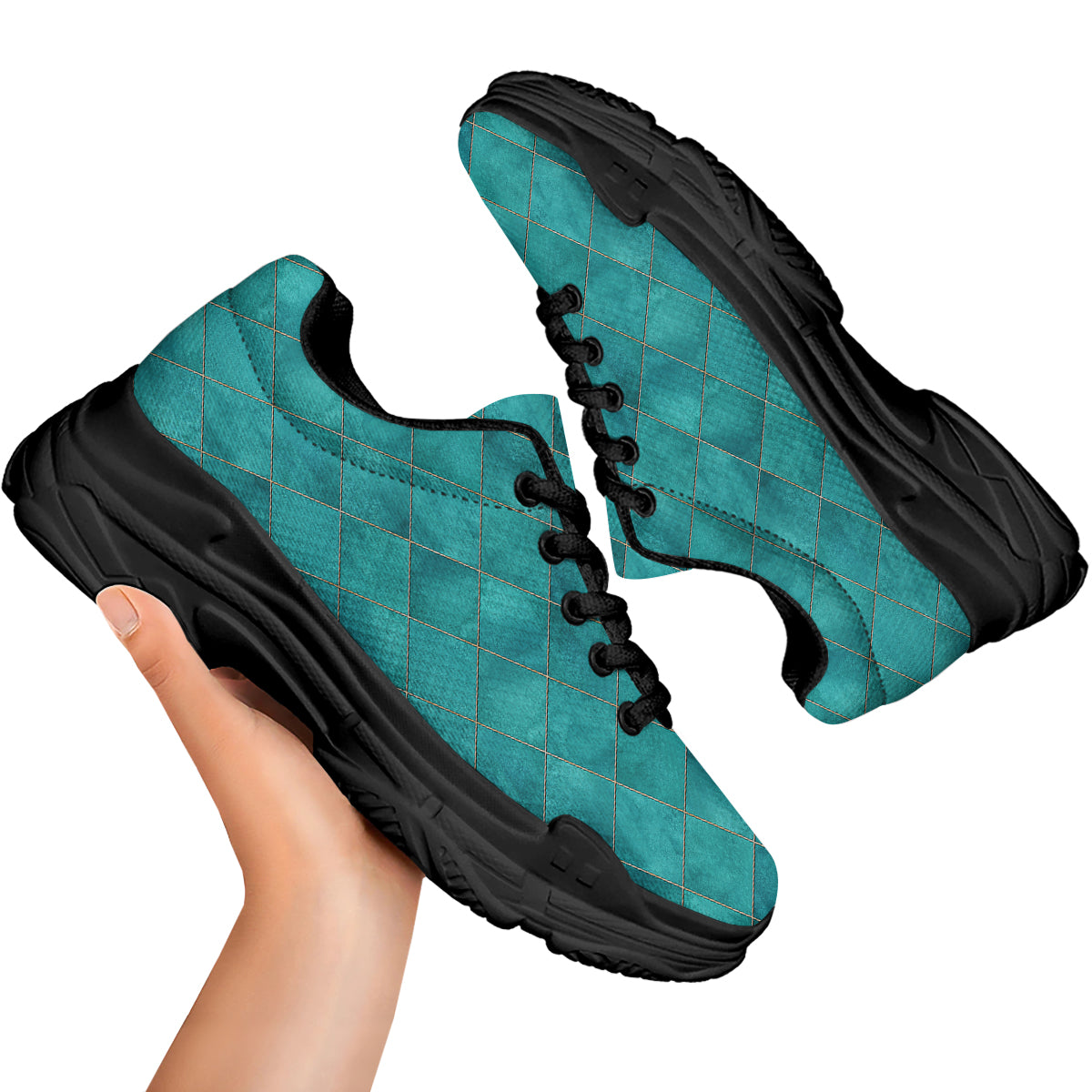 Argyle Turquoise Print Pattern Black Chunky Shoes-grizzshop