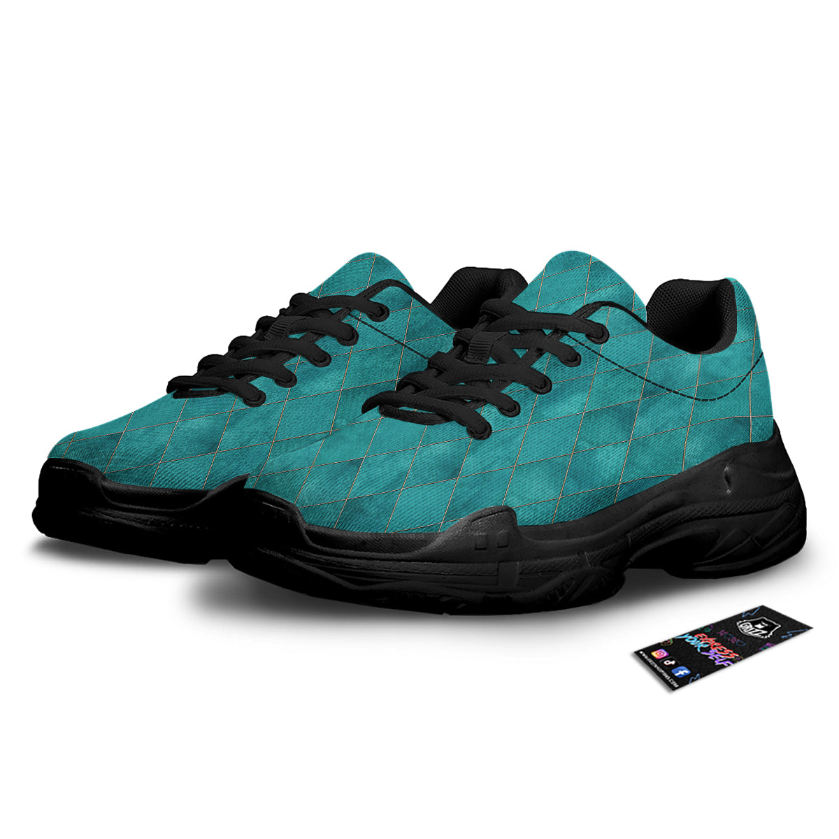 Argyle Turquoise Print Pattern Black Chunky Shoes-grizzshop
