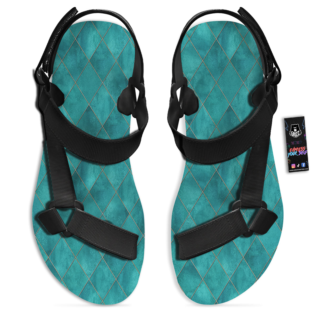 Argyle Turquoise Print Pattern Black Open Toe Sandals-grizzshop