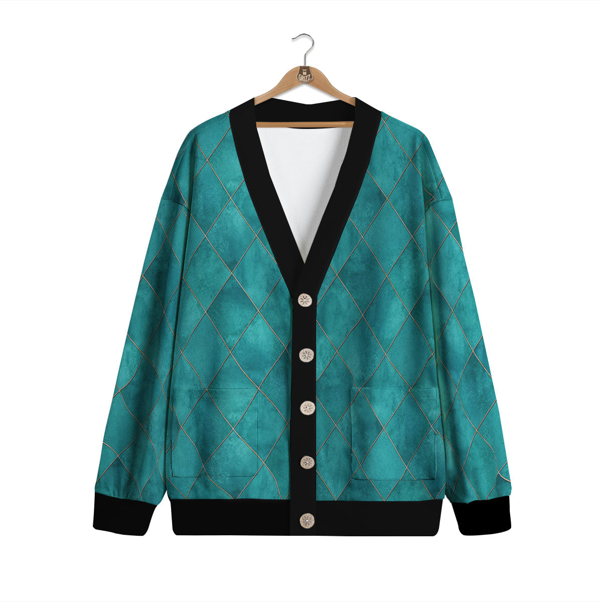 Argyle Turquoise Print Pattern Cardigan-grizzshop