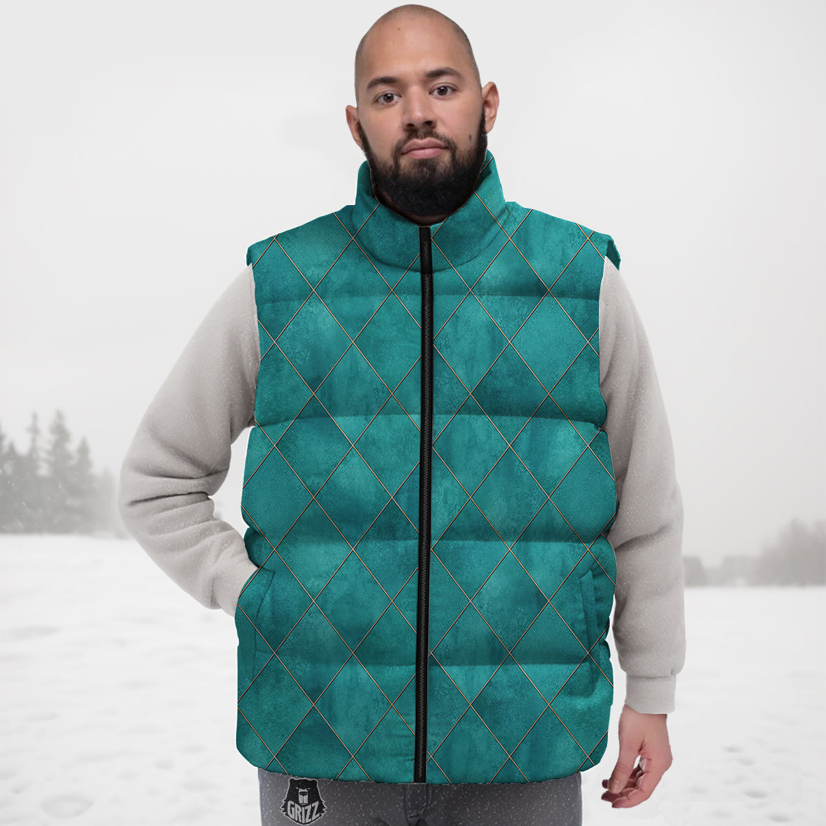 Argyle Turquoise Print Pattern Down Vest-grizzshop