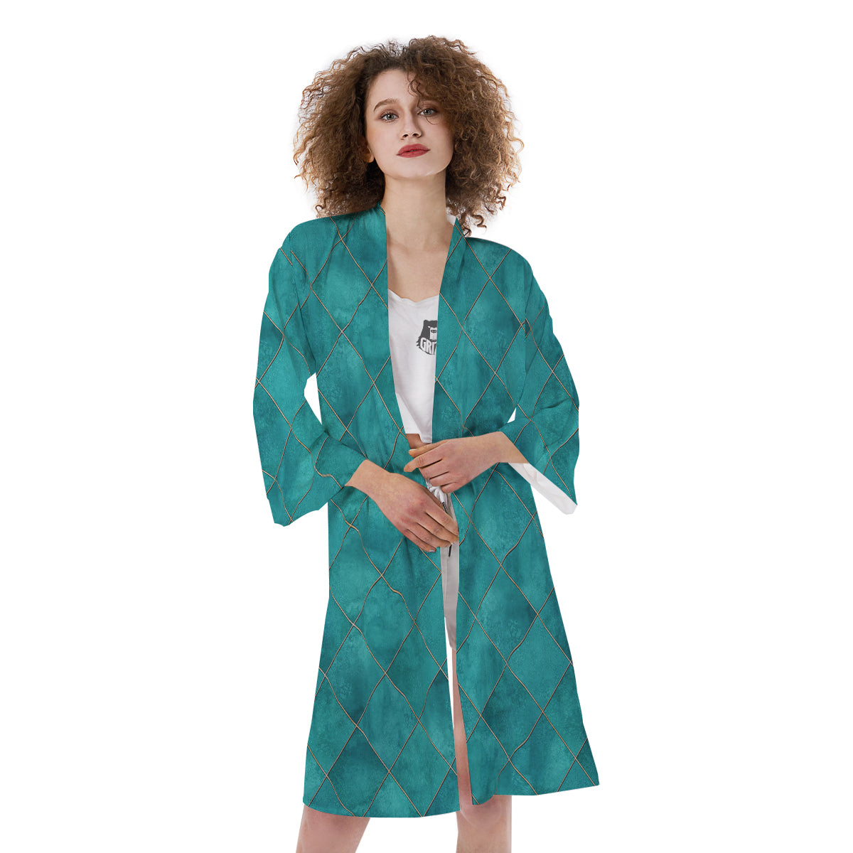 Argyle Turquoise Print Pattern Kimono-grizzshop