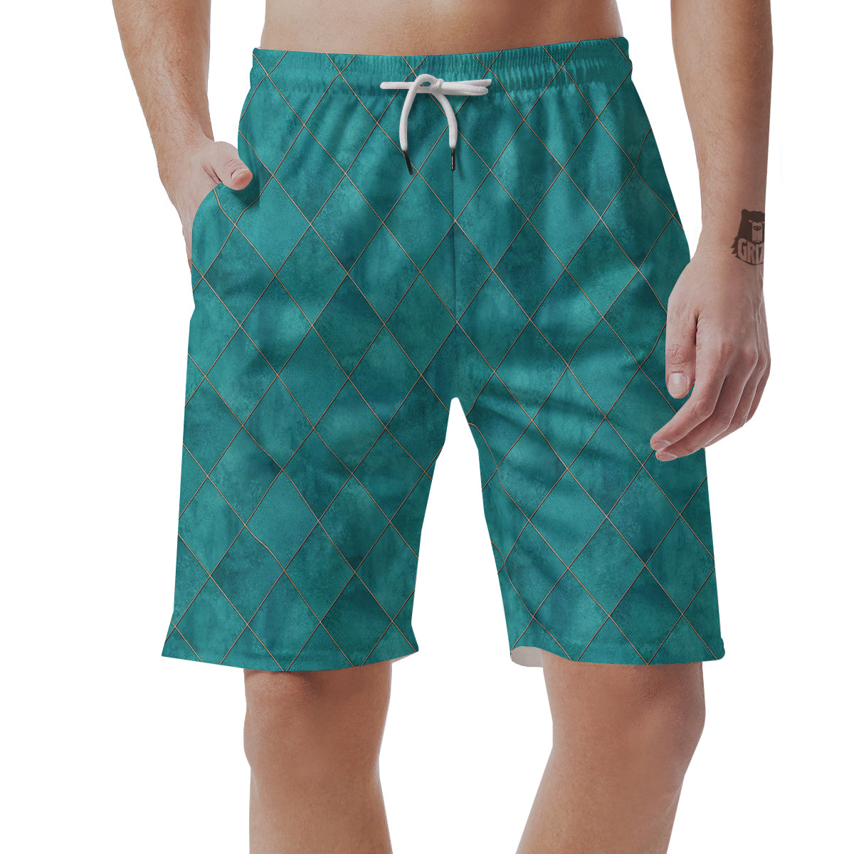 Argyle Turquoise Print Pattern Men's Shorts-grizzshop