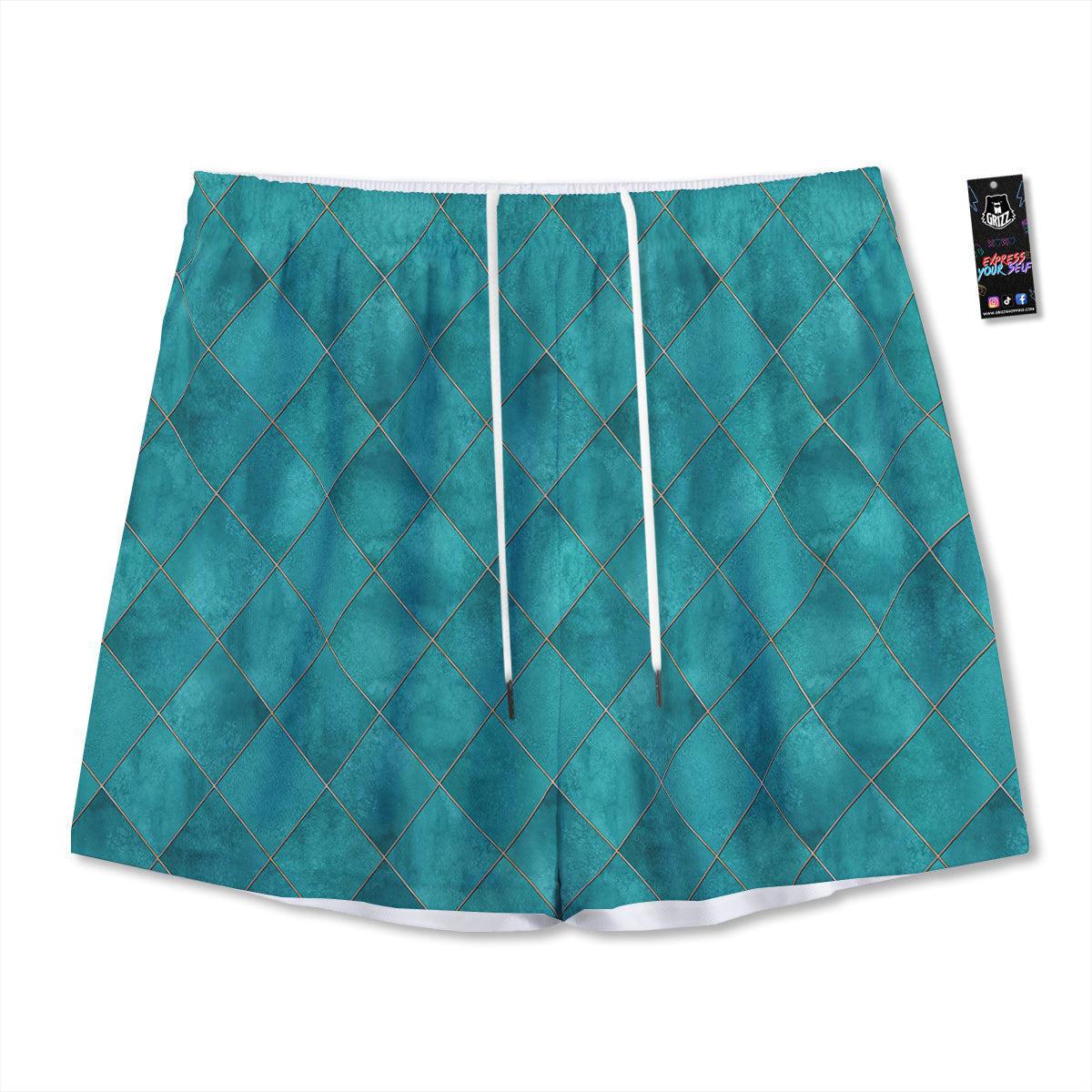 Argyle Turquoise Print Pattern Mesh Shorts-grizzshop