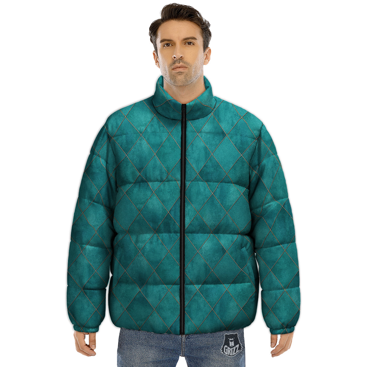 Argyle Turquoise Print Pattern Puffer Jacket-grizzshop