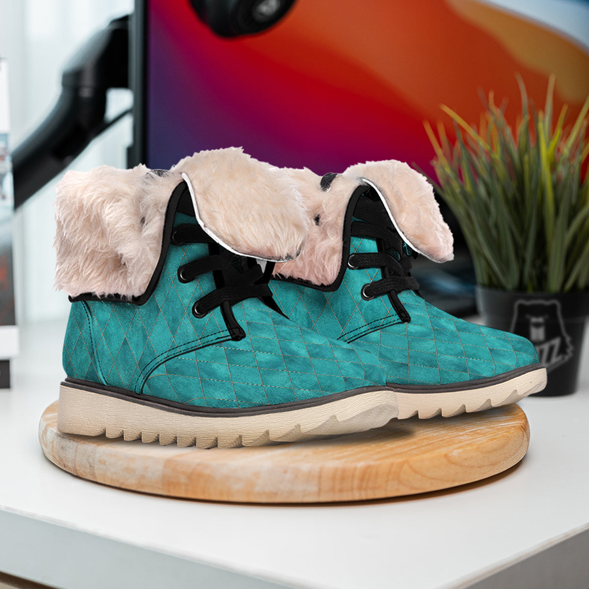 Argyle Turquoise Print Pattern Snow Boots-grizzshop