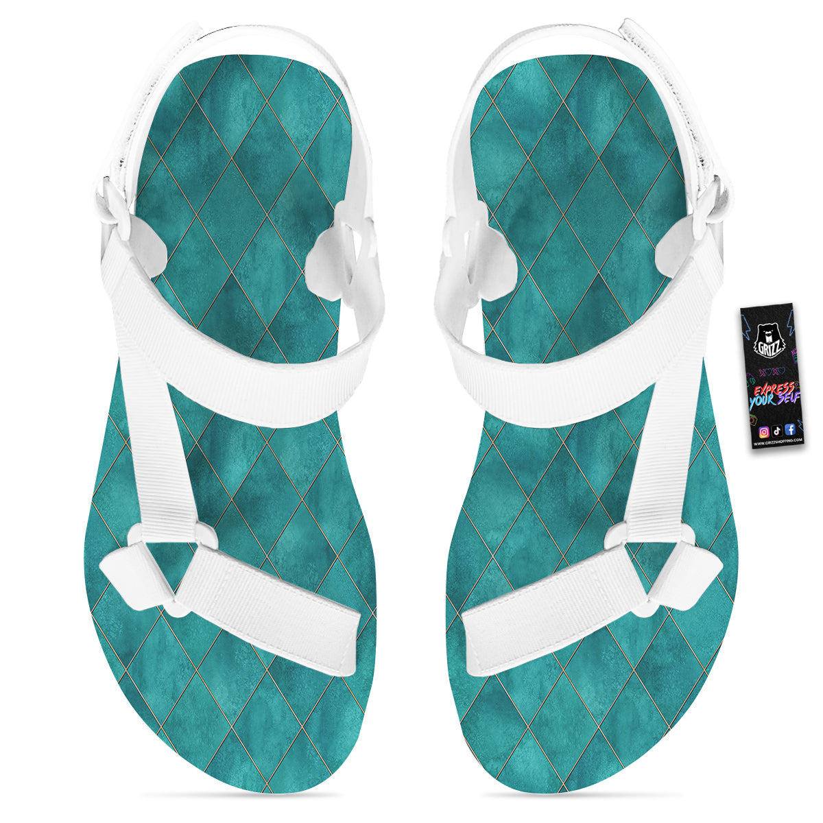 Argyle Turquoise Print Pattern White Open Toe Sandals-grizzshop