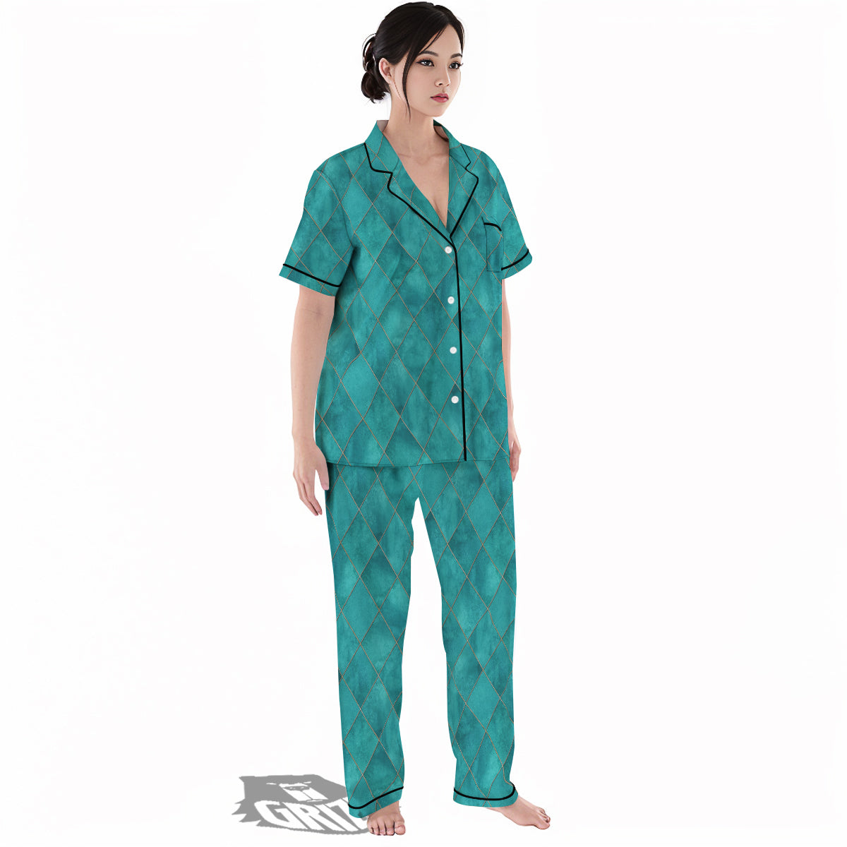 Argyle Turquoise Print Pattern Women's Pajamas Set-grizzshop