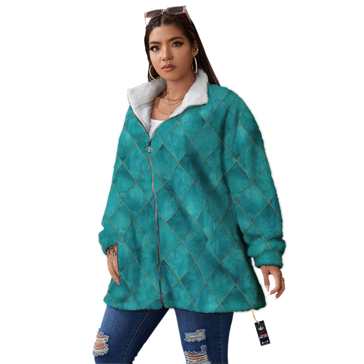 Argyle Turquoise Print Pattern Women's Sherpa Jacket-grizzshop