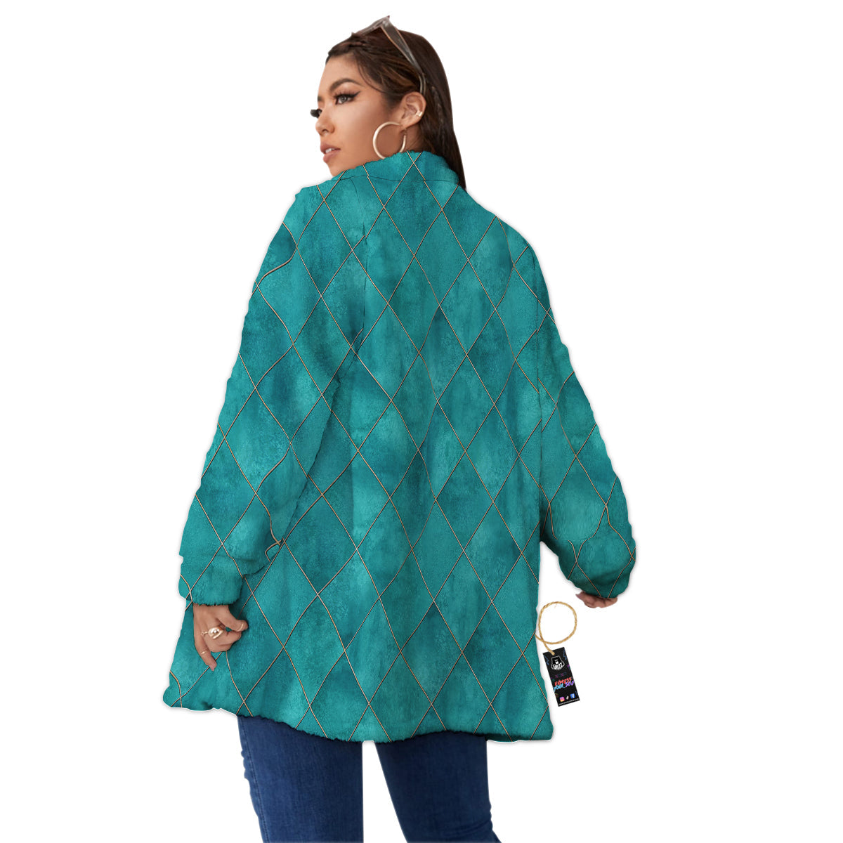 Argyle Turquoise Print Pattern Women's Sherpa Jacket-grizzshop