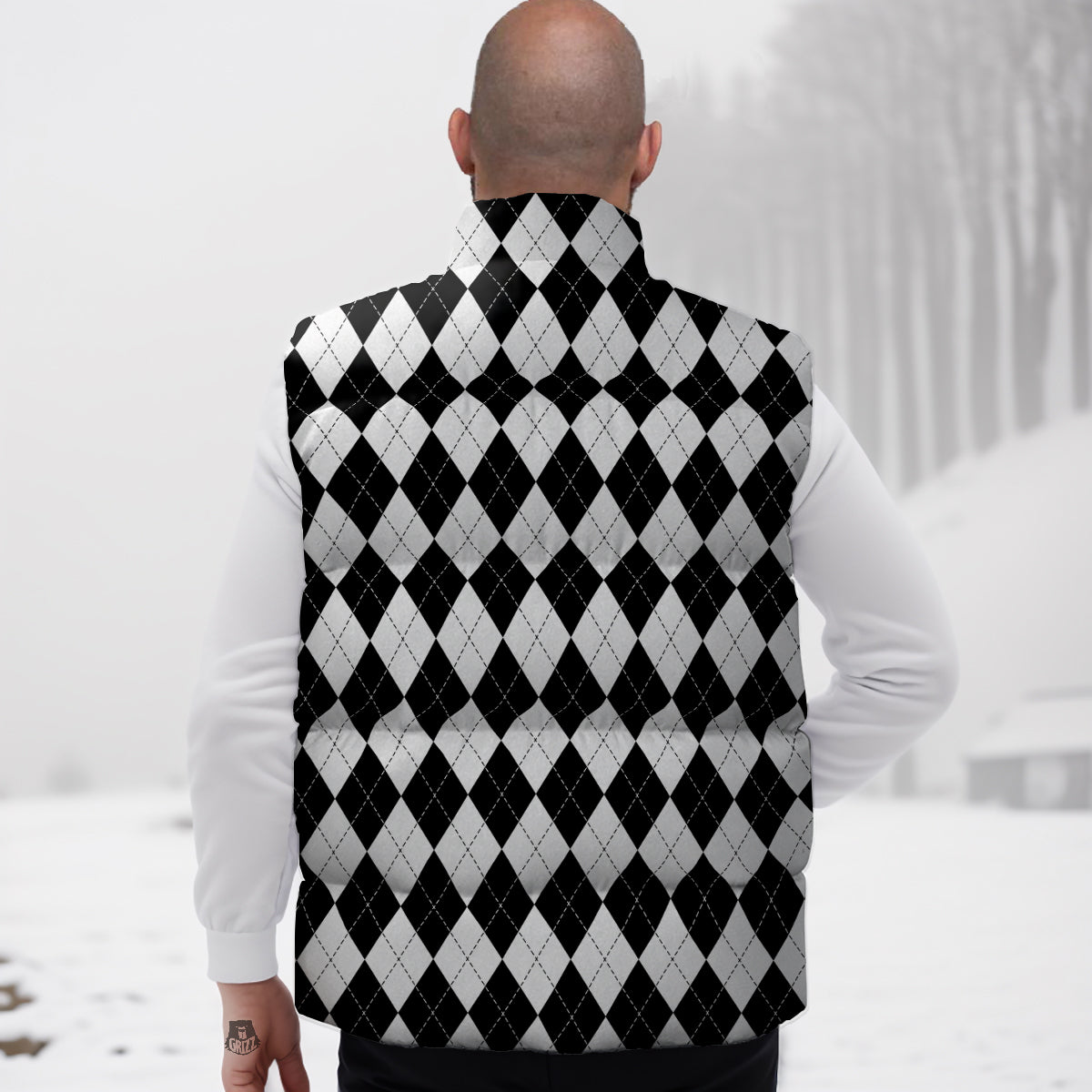 Argyle White And Black Print Pattern Down Vest-grizzshop