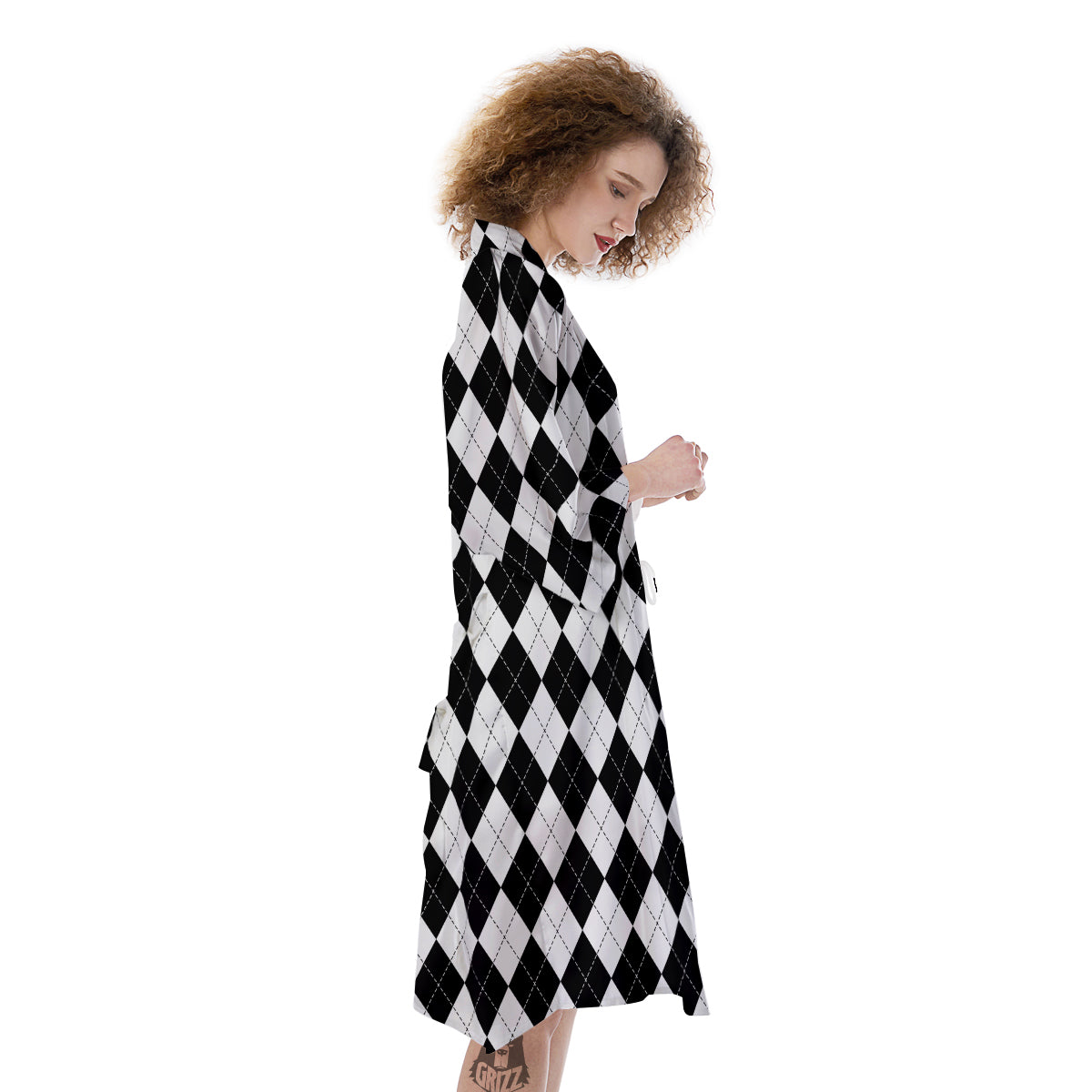 Argyle White And Black Print Pattern Kimono-grizzshop