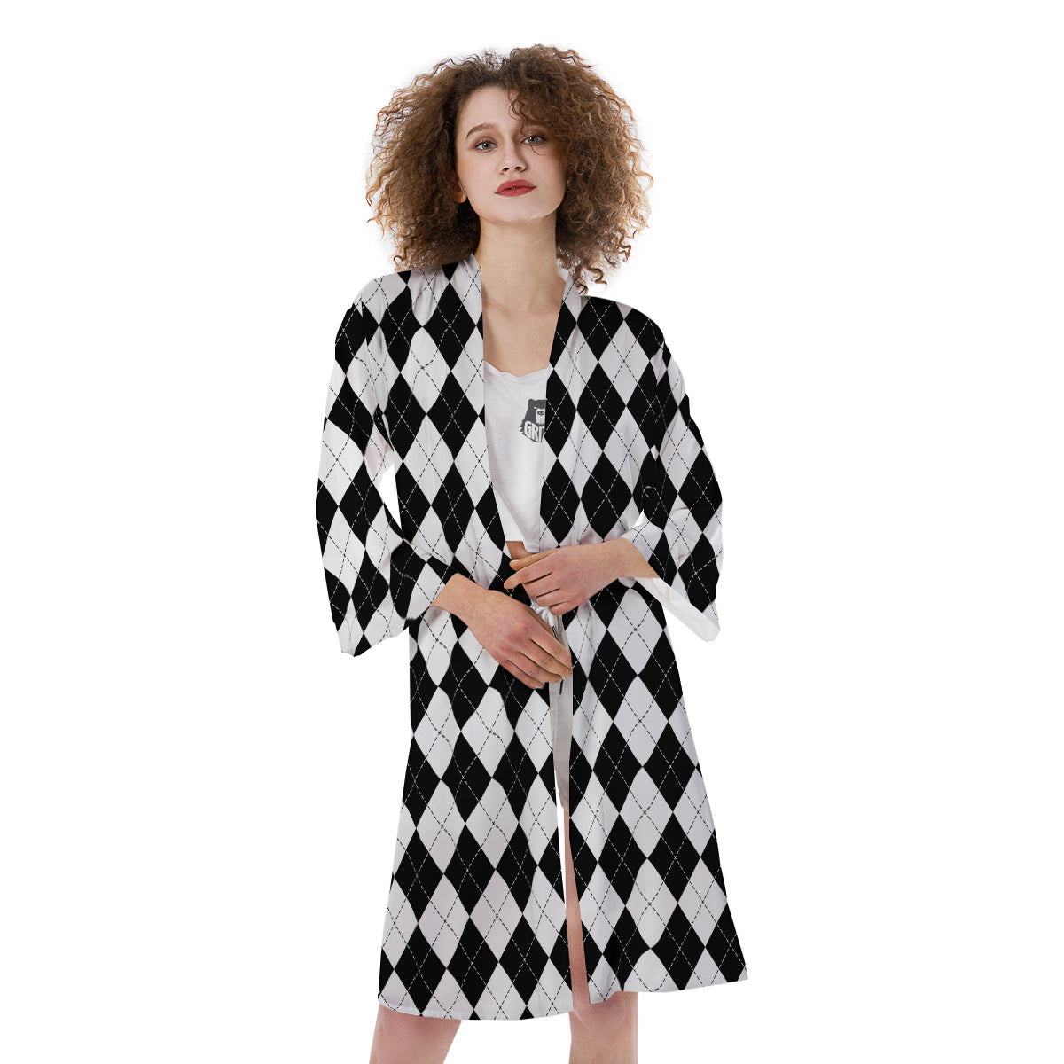 Argyle White And Black Print Pattern Kimono-grizzshop