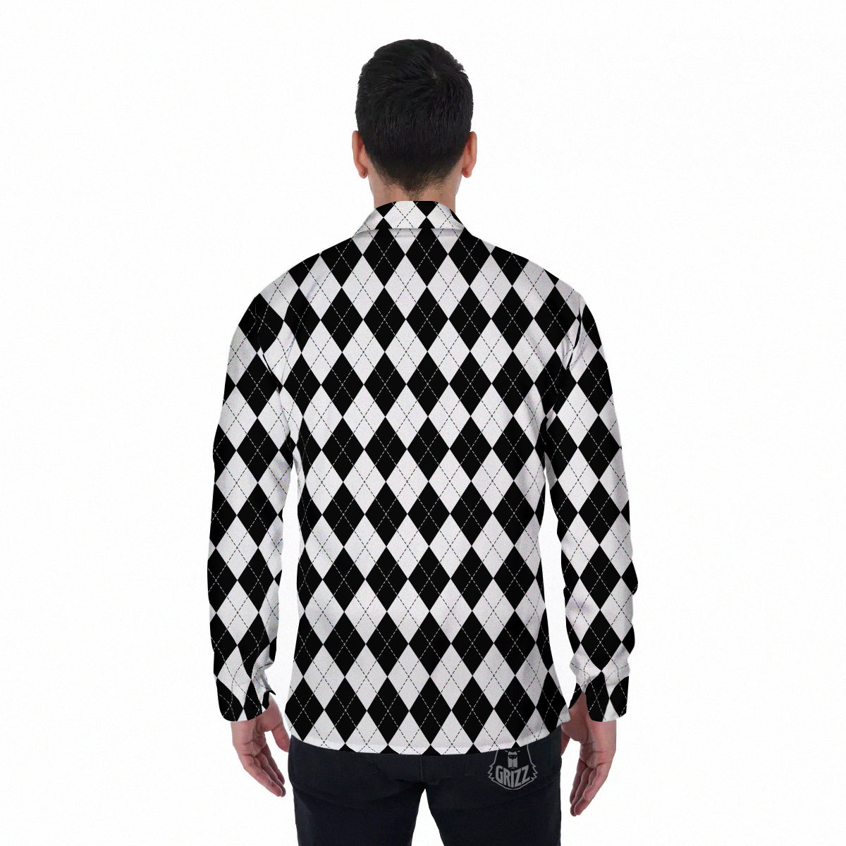 Argyle White And Black Print Pattern Men's Long Sleeve Shirts-grizzshop