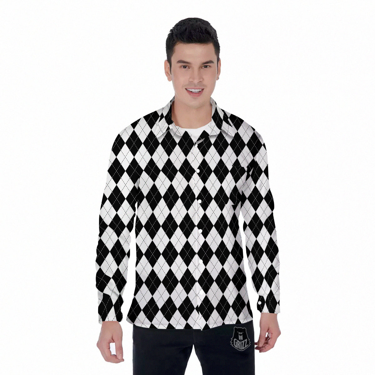 Argyle White And Black Print Pattern Men's Long Sleeve Shirts-grizzshop