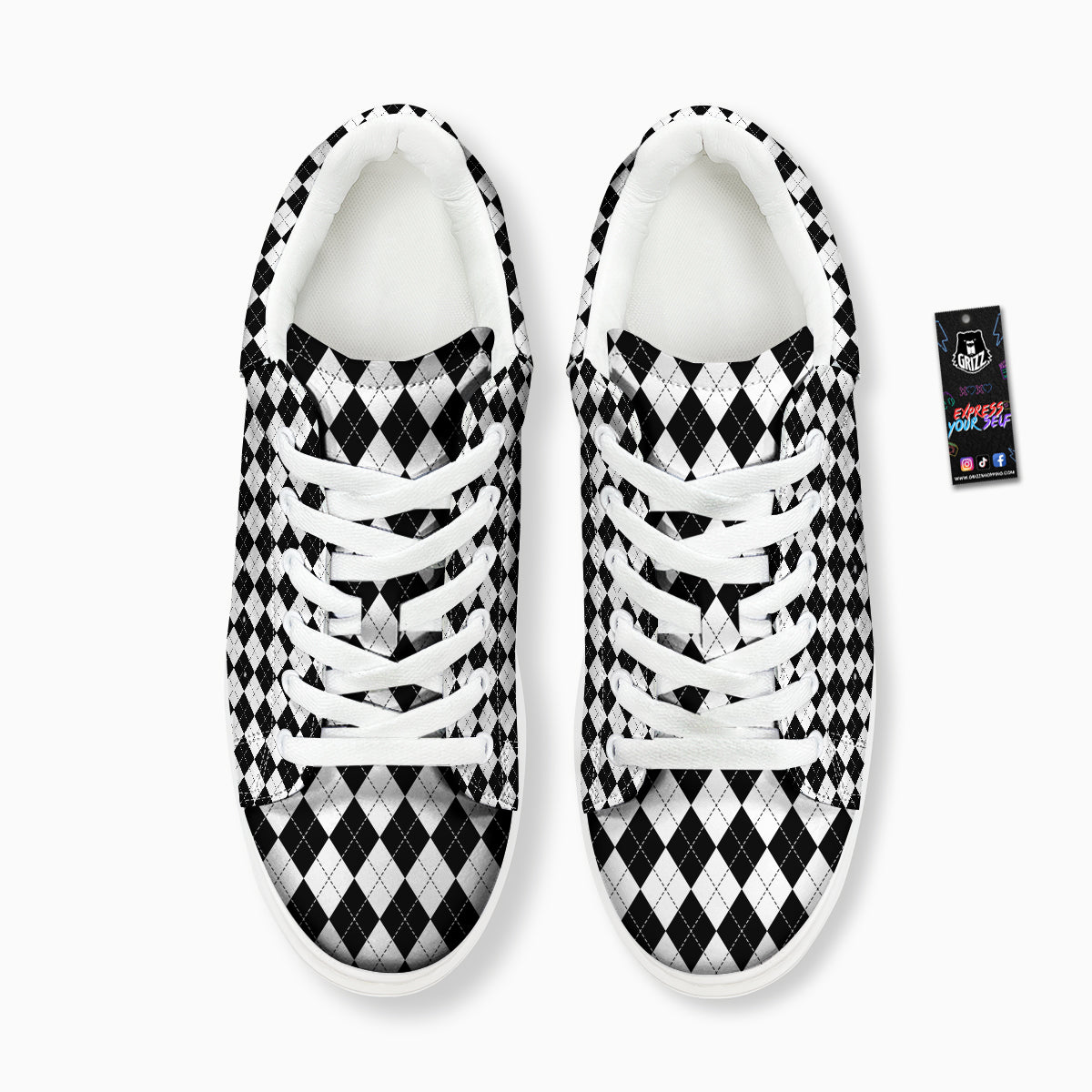 Argyle White And Black Print Pattern Platform Shoes-grizzshop