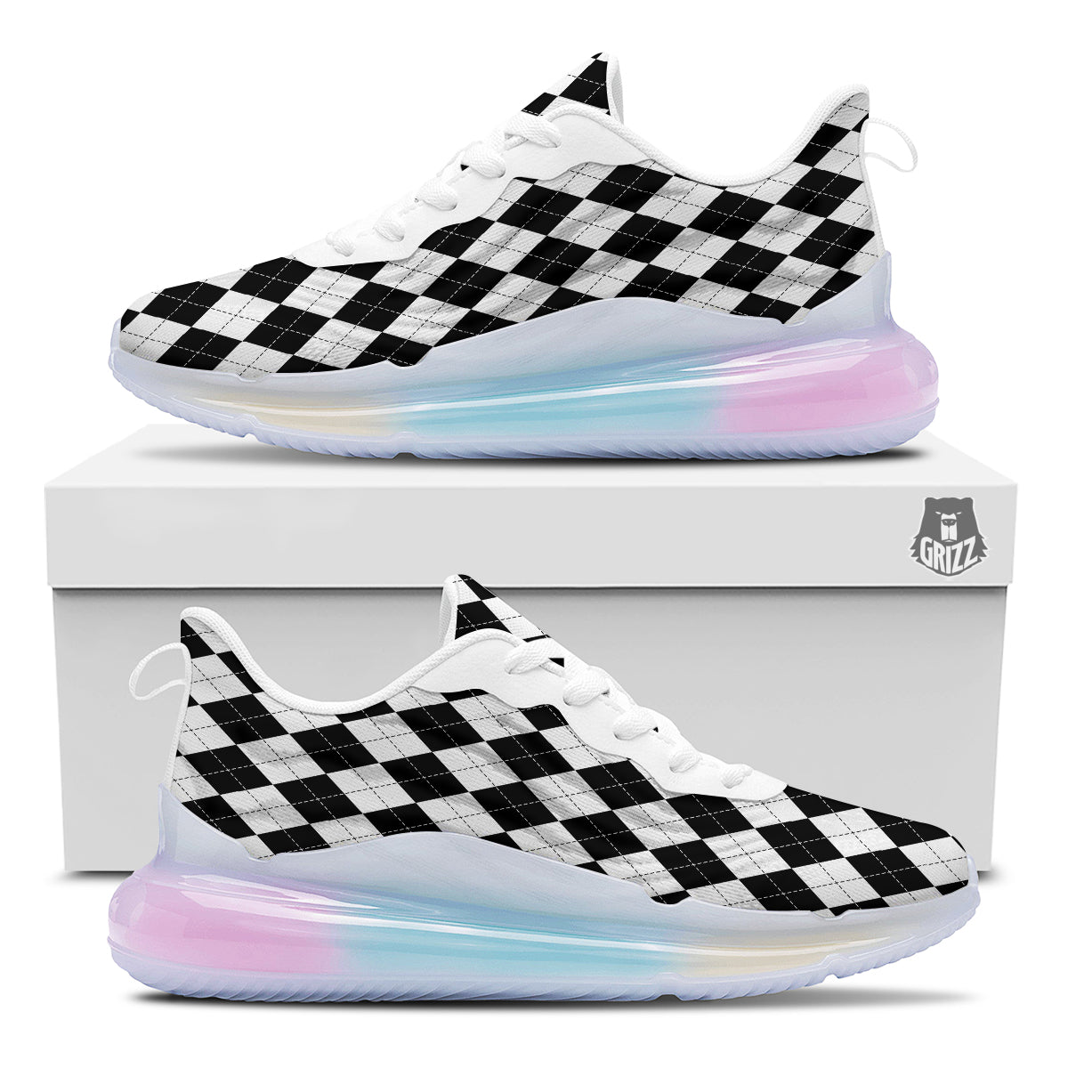 Argyle White And Black Print Pattern Running Sneakers-grizzshop