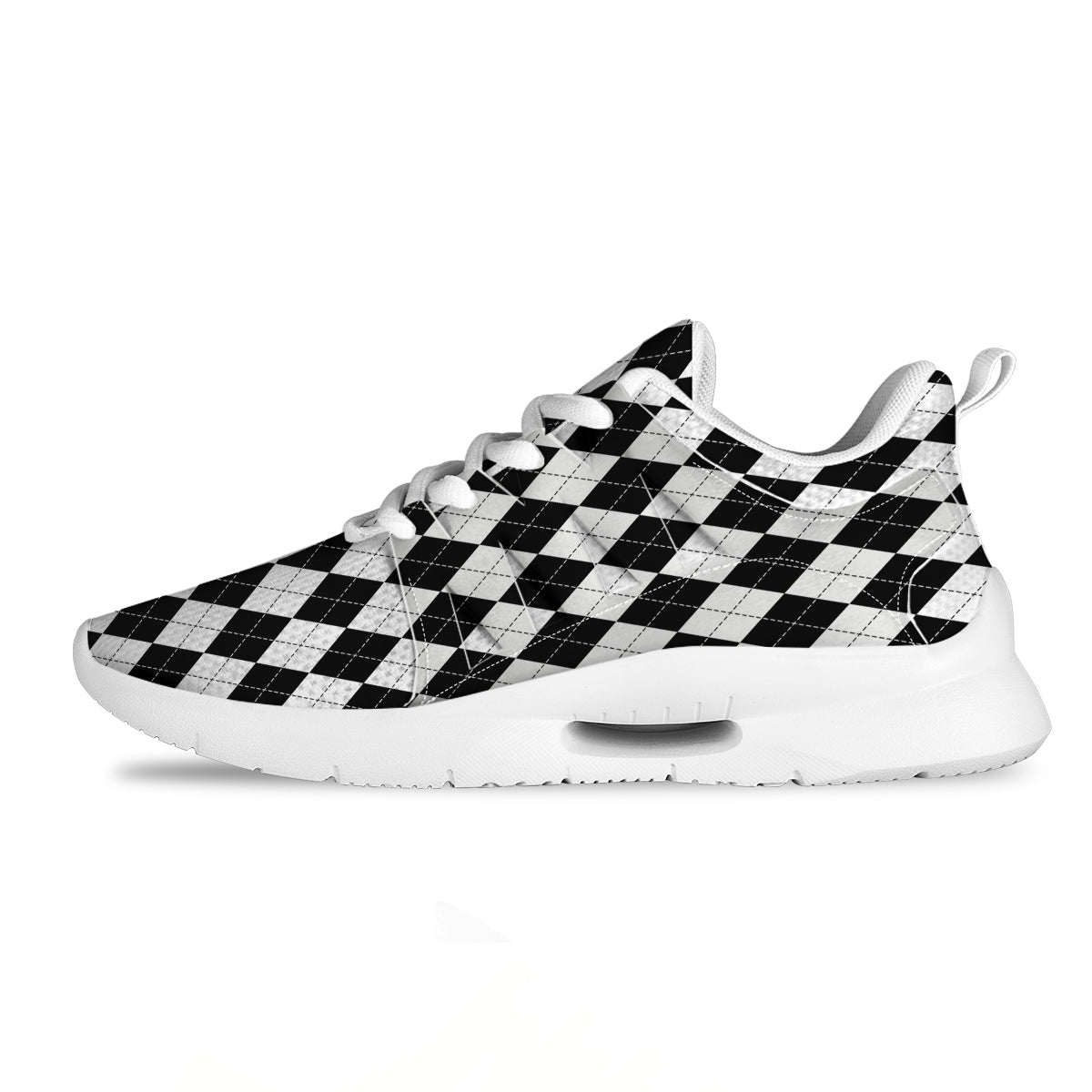 Argyle White And Black Print Pattern Tennis Shoes-grizzshop