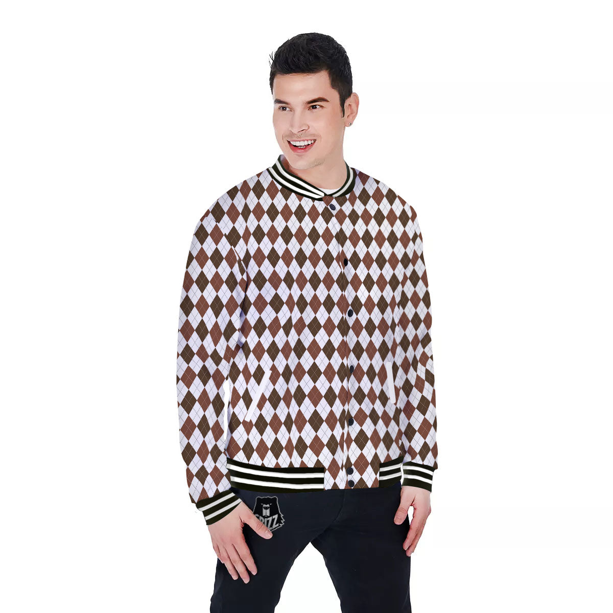 Argyle White And Brown Print Pattern Baseball Jacket-grizzshop