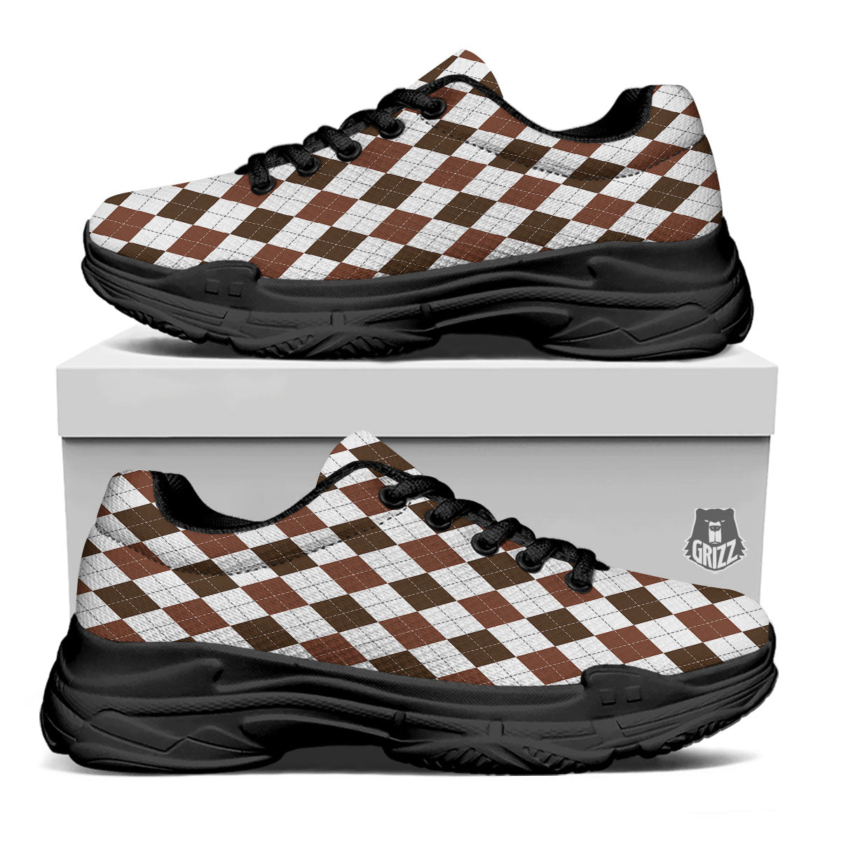Argyle White And Brown Print Pattern Black Chunky Shoes-grizzshop