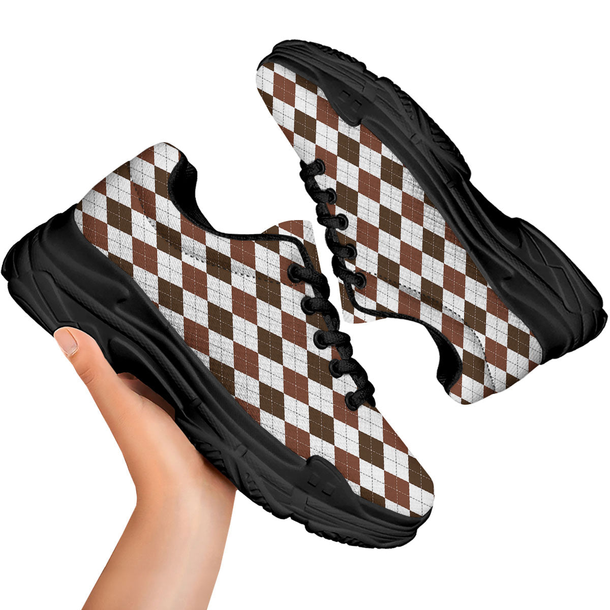 Argyle White And Brown Print Pattern Black Chunky Shoes-grizzshop