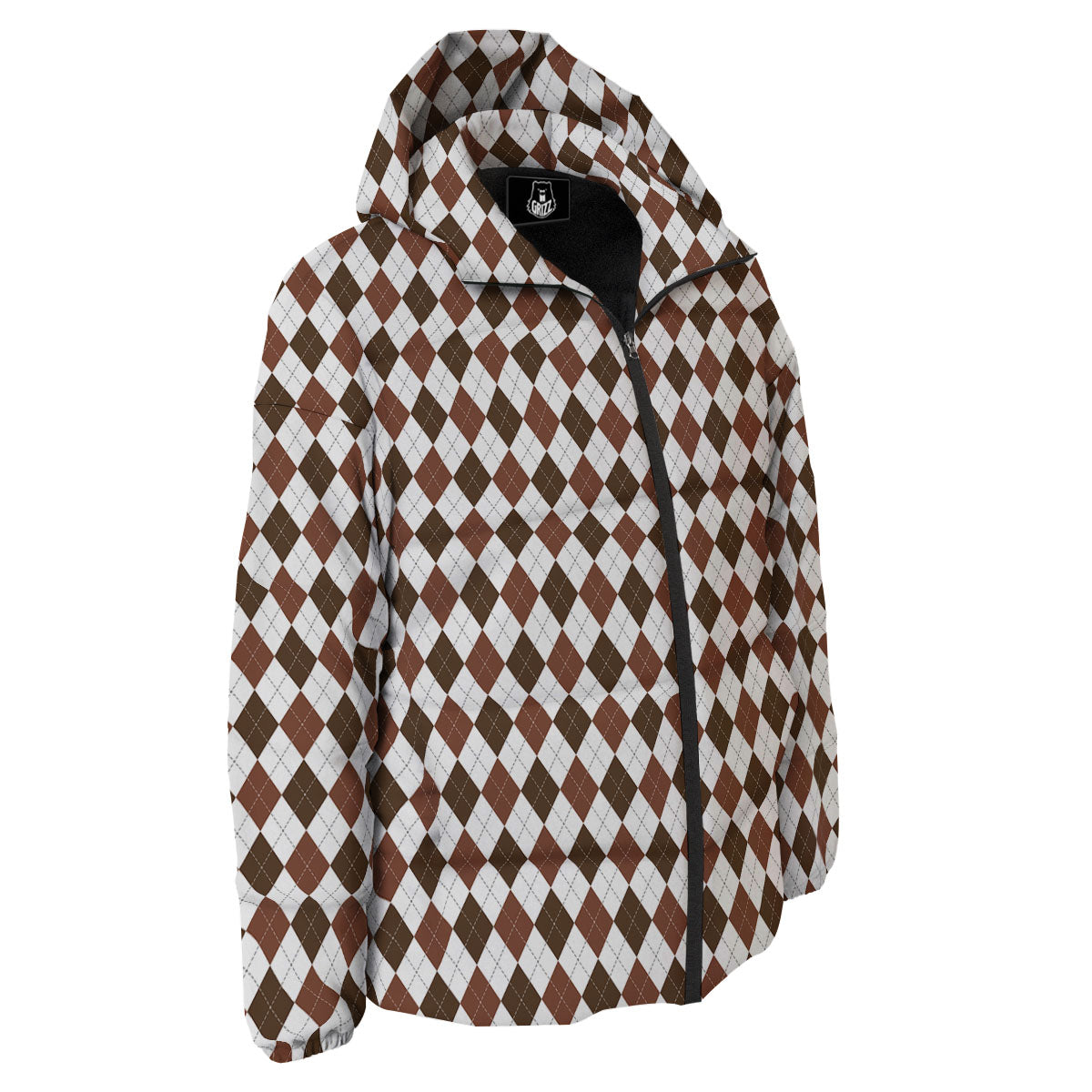 Argyle White And Brown Print Pattern Down Jacket-grizzshop