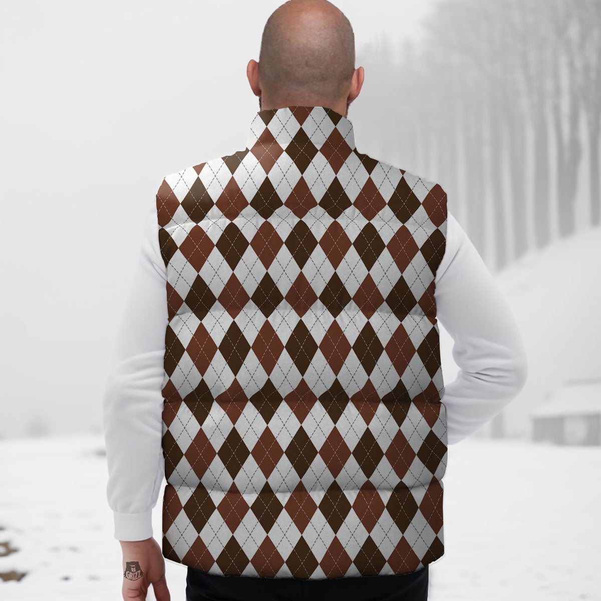 Argyle White And Brown Print Pattern Down Vest-grizzshop
