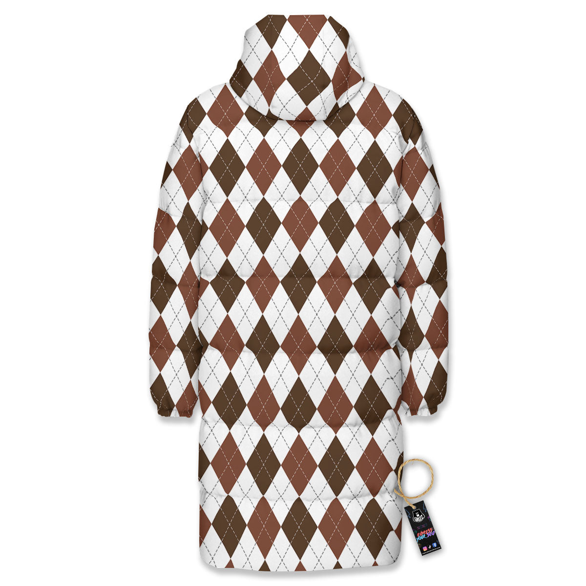 Argyle White And Brown Print Pattern Long Down Jacket-grizzshop