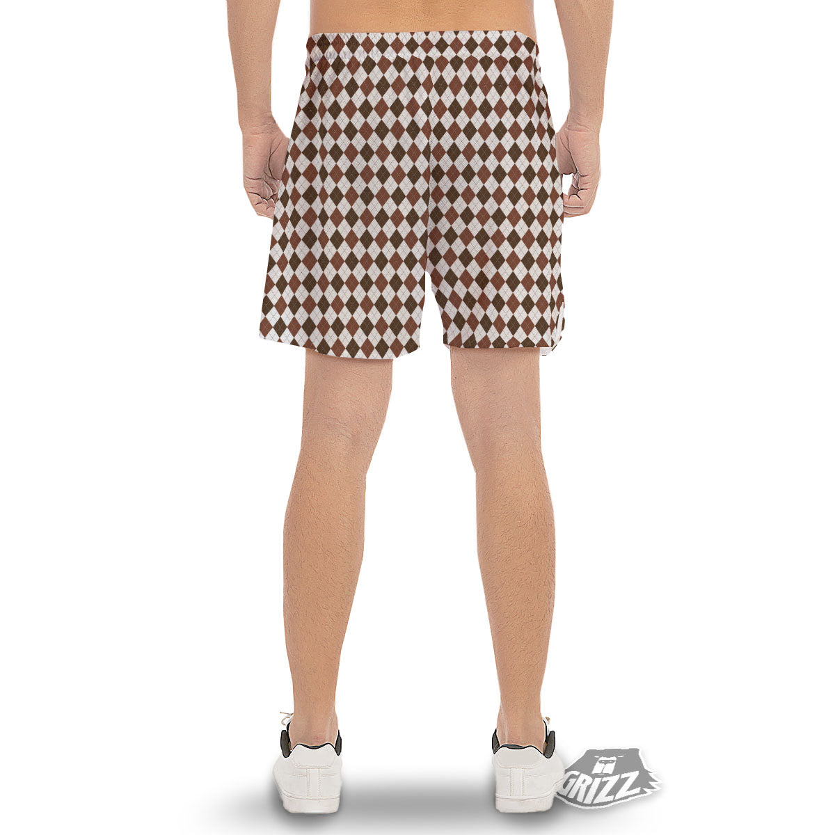 Argyle White And Brown Print Pattern Men's Gym Shorts-grizzshop