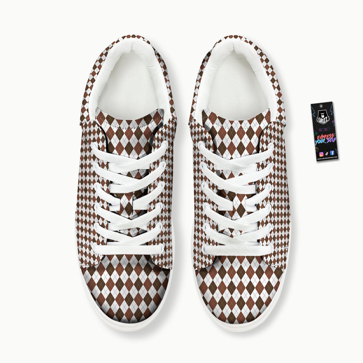 Argyle White And Brown Print Pattern Platform Shoes-grizzshop