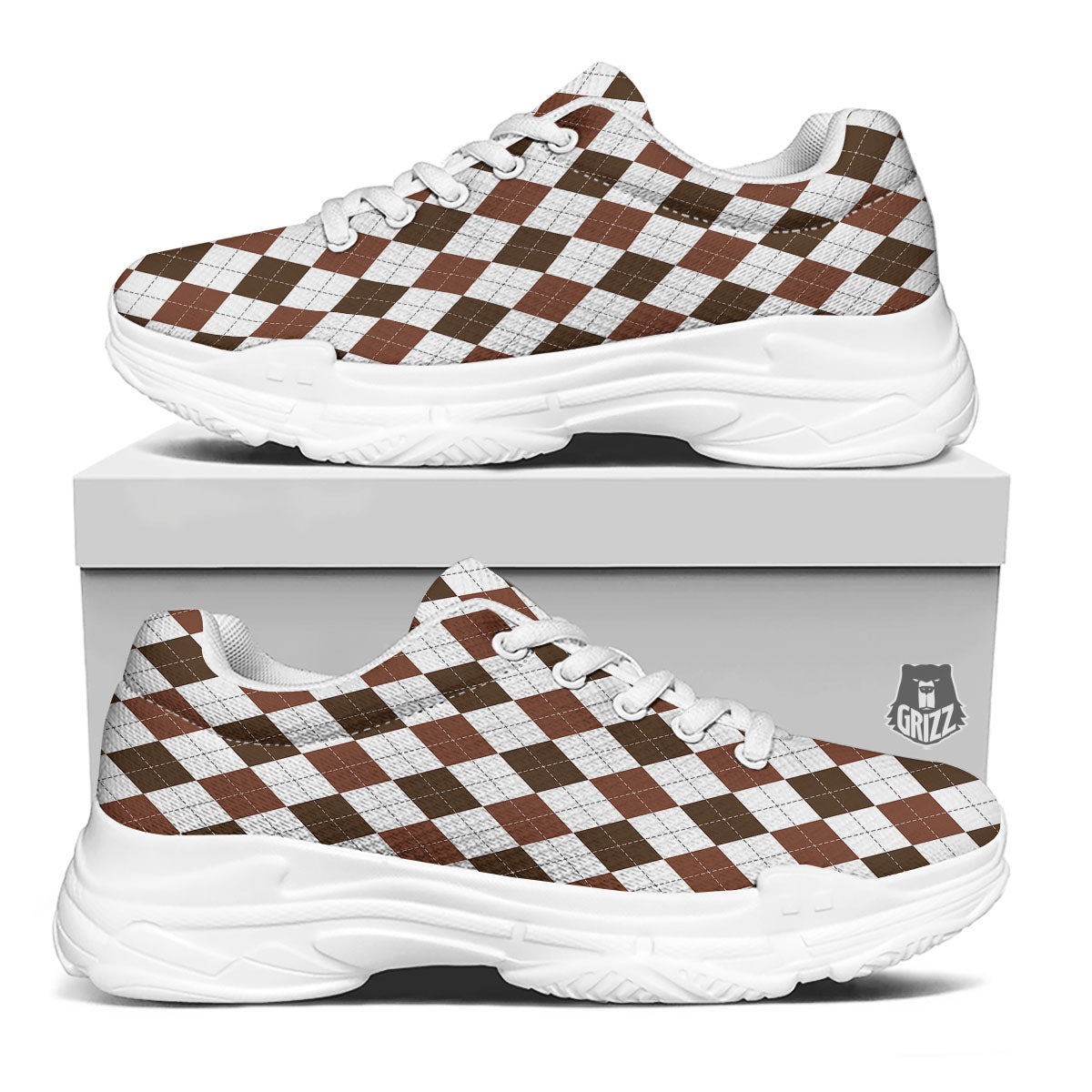 Argyle White And Brown Print Pattern White Chunky Shoes-grizzshop