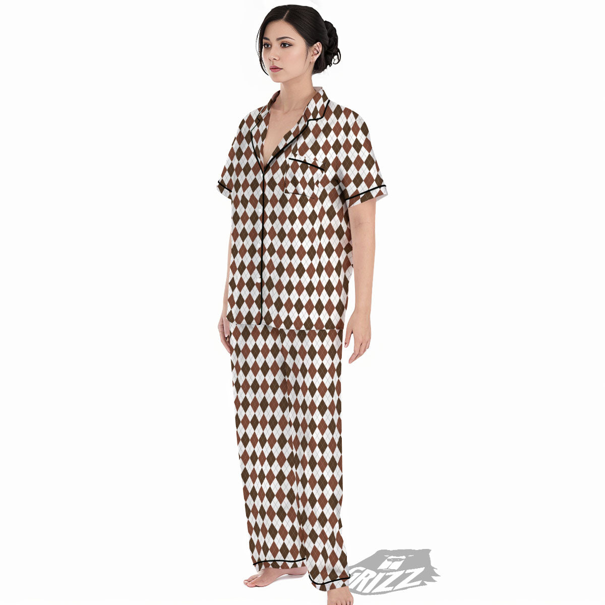 Argyle White And Brown Print Pattern Women's Pajamas Set-grizzshop