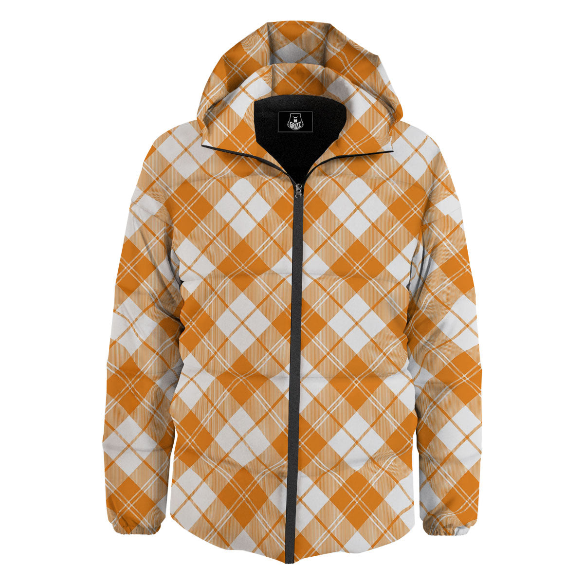 Argyle White And Orange Print Pattern Down Jacket-grizzshop