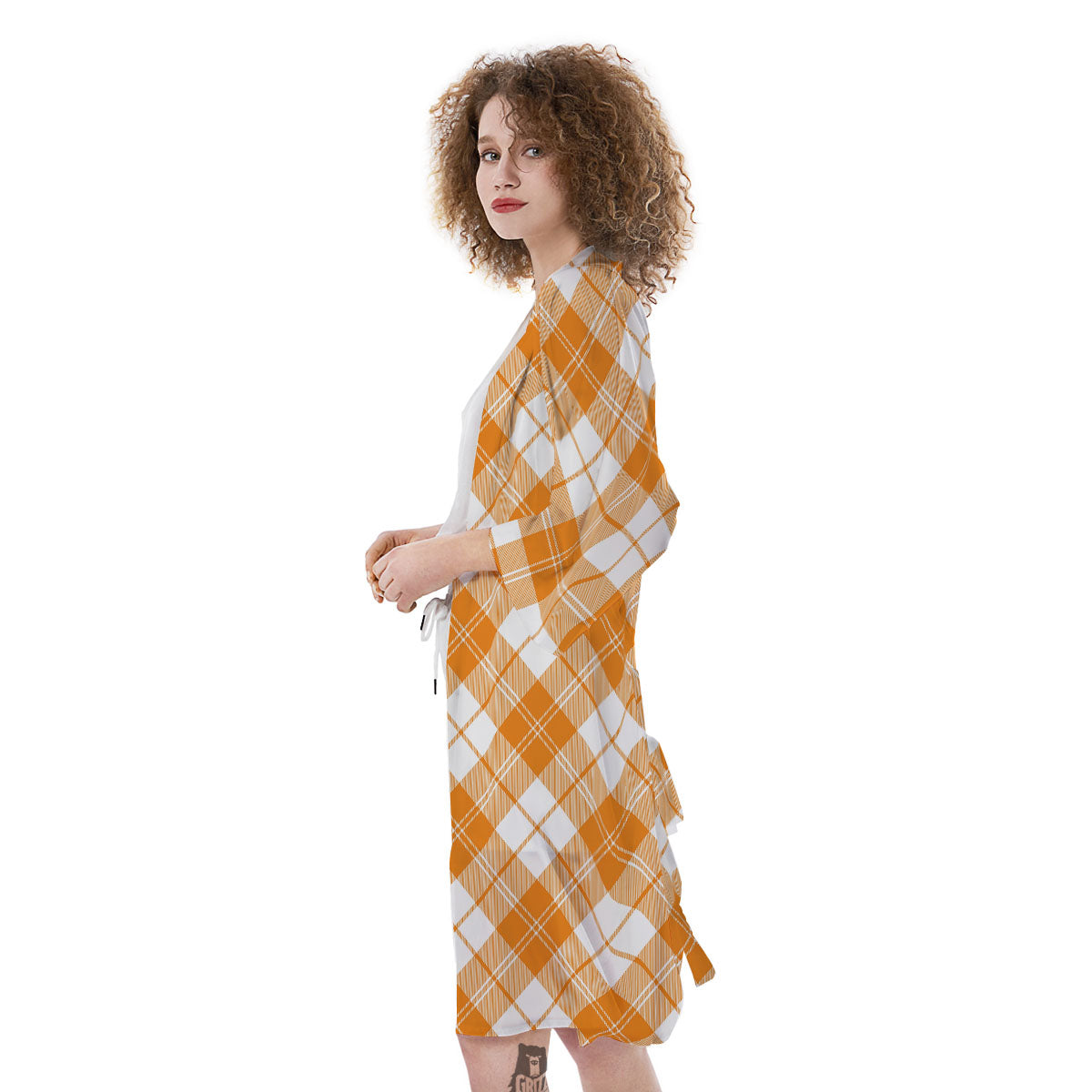 Argyle White And Orange Print Pattern Kimono-grizzshop