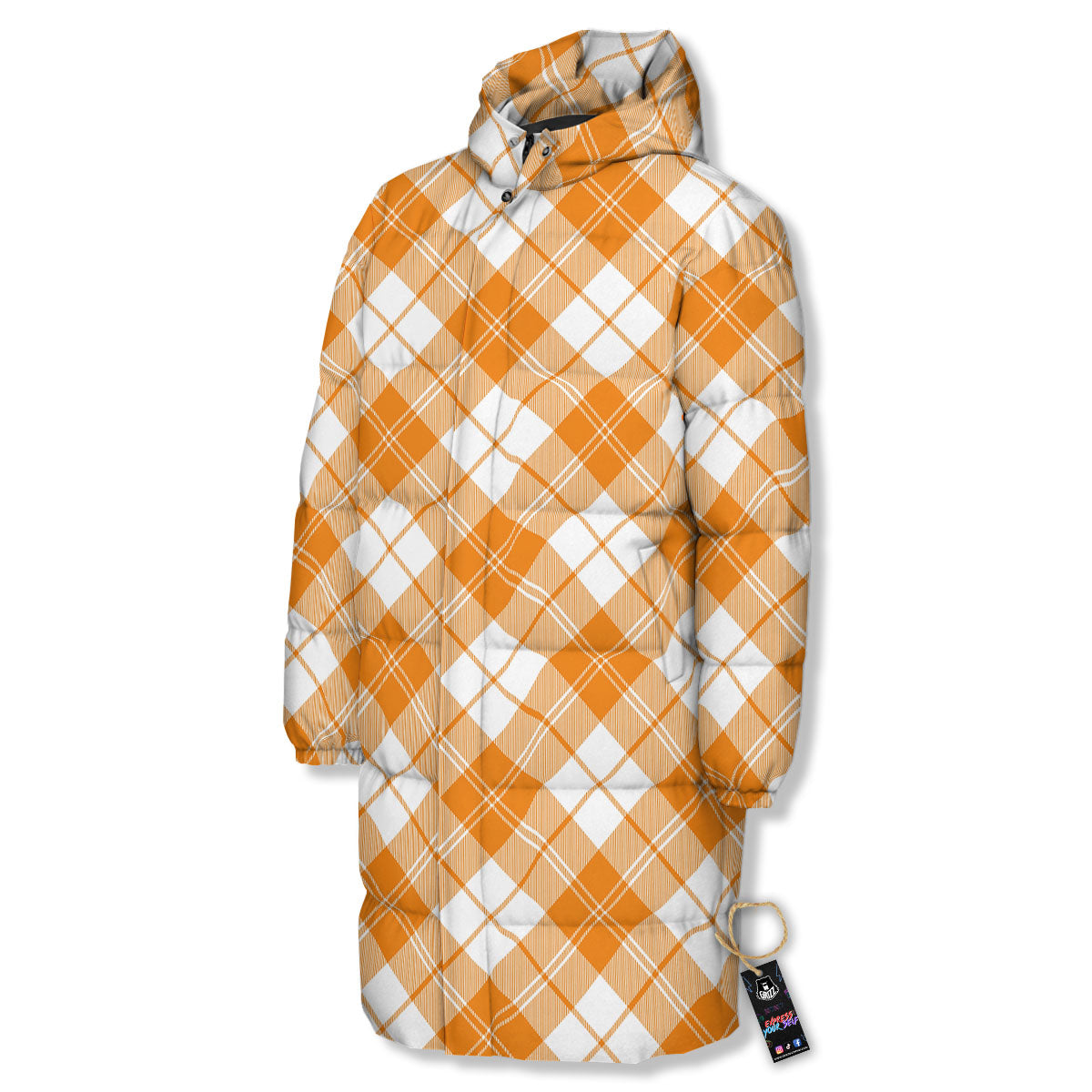 Argyle White And Orange Print Pattern Long Down Jacket-grizzshop