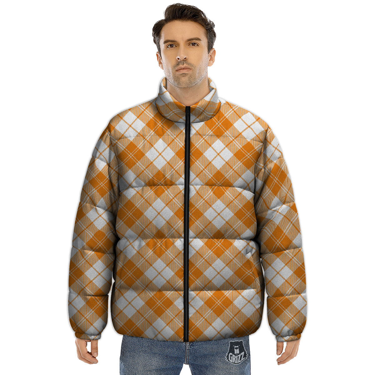 Argyle White And Orange Print Pattern Puffer Jacket-grizzshop