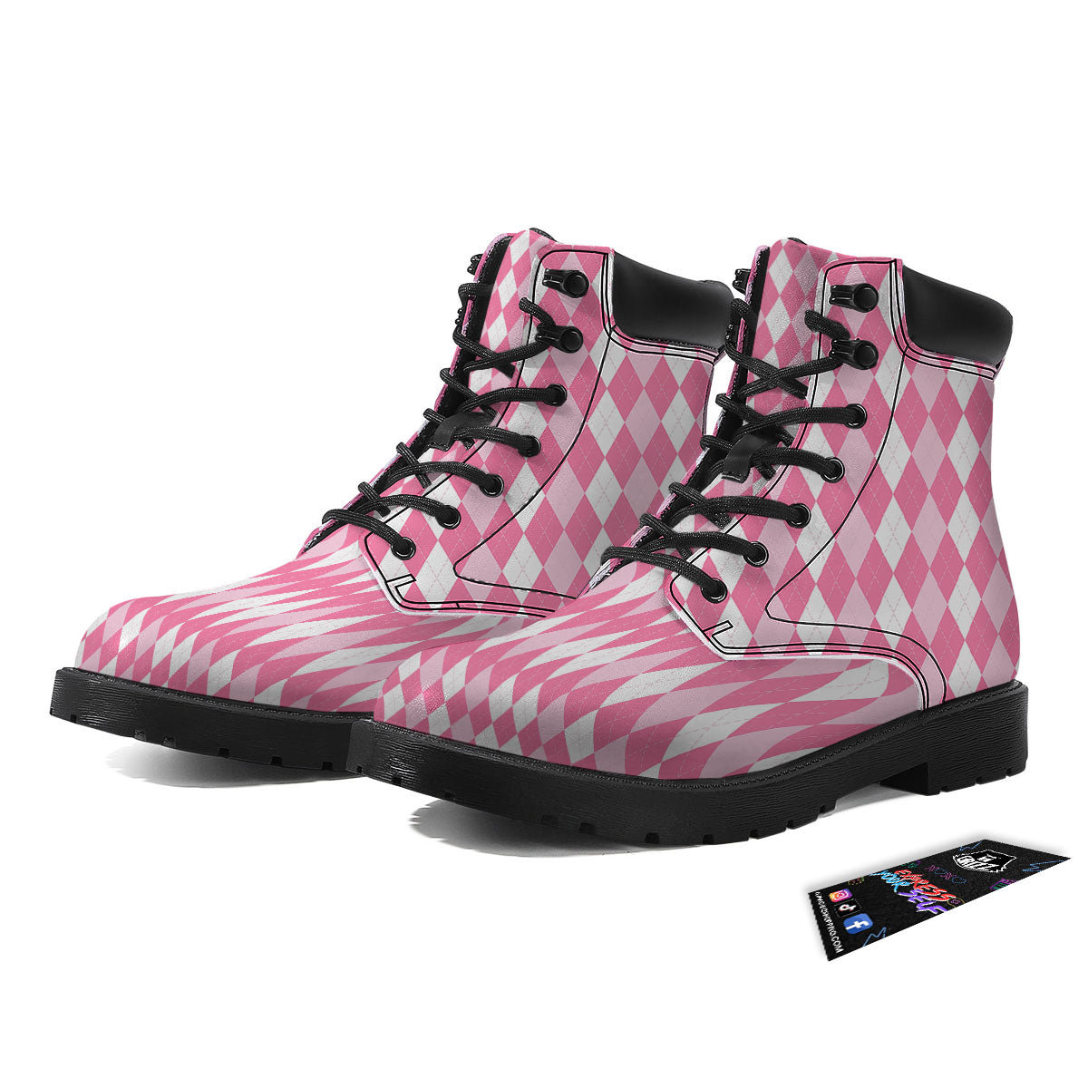 Argyle White And Pink Print Pattern Boots-grizzshop