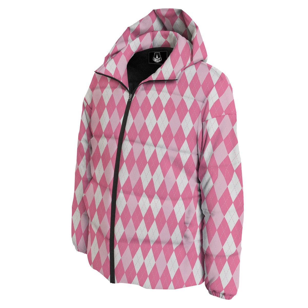 Argyle White And Pink Print Pattern Down Jacket-grizzshop